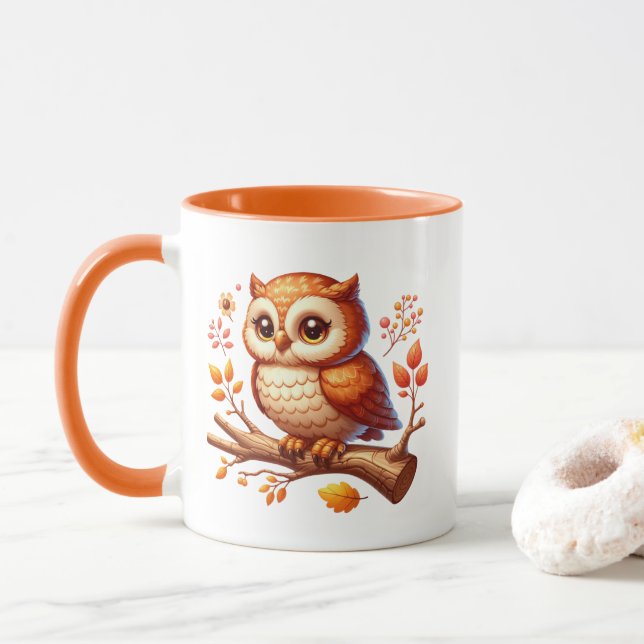Caneca Monograma de coruja sazonal de outono fofo (Com Donut)