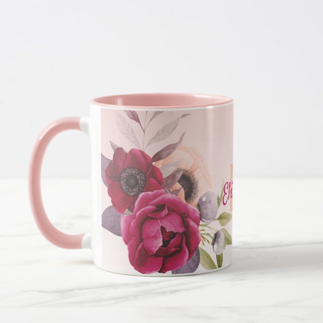 Caneca monograma de flores românticas burgundy dourado ro (Esquerda)