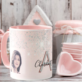Caneca Monograma de fotos com brilho prateado cor-de-rosa