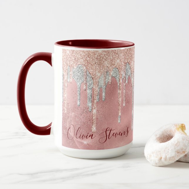 Caneca Monograma de gotejamento de prata com rosa quic (Com Donut)