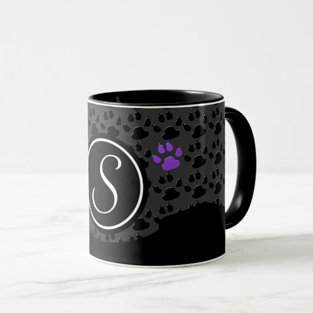 Caneca Monograma de Impressão de Pata Preta e Roxa (Frente Esquerda)