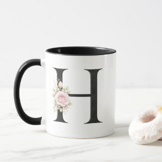 Caneca Monograma de Letra H Floral | Logotipo Inicial H E