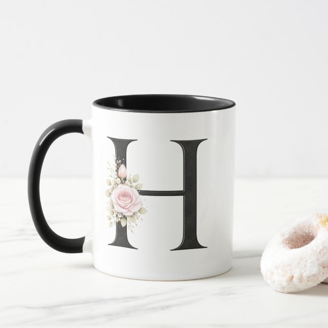 Caneca Monograma de Letra H Floral | Logotipo Inicial H E (Com Donut)