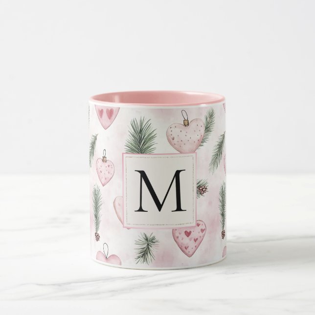 Caneca Monograma de Natal Corações Rosa Bege (Centro)