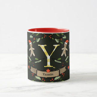 Caneca Monograma de Natal "Y", Retro Grátis, com nome