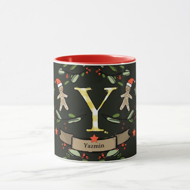 Caneca Monograma de Natal "Y", Retro Grátis, com nome (Centro)