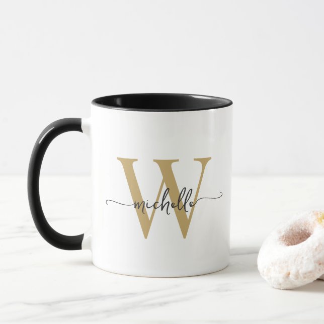 Caneca Monograma de Nome com Letra Elegante Branco e Dour (Com Donut)