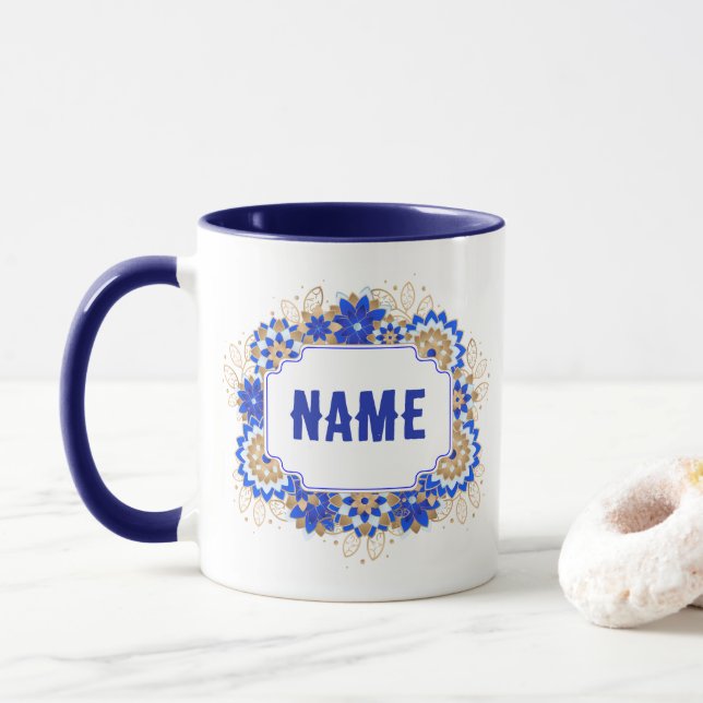 Caneca Monograma de Nome Personalizado de Nomes Azul (Com Donut)