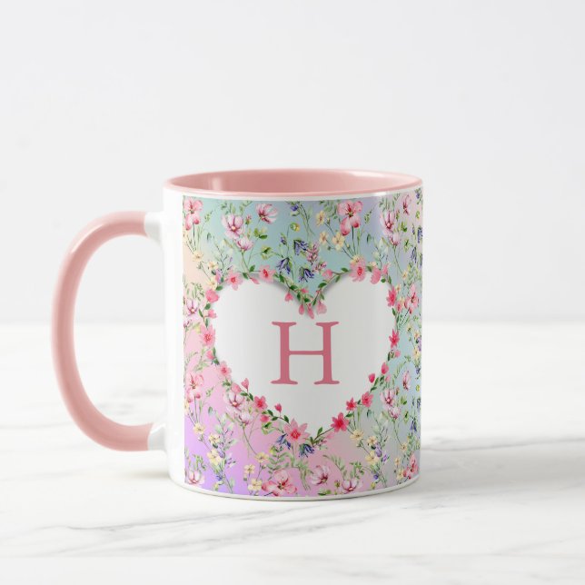 Caneca Monograma de Padrão de Aquarela de Flor de Primave (Esquerda)