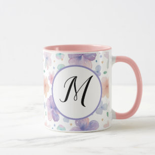 Caneca Monograma de Padrão de Aquarela de Flor Primavera
