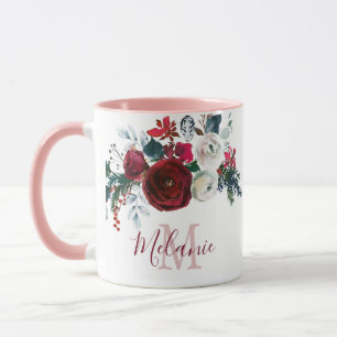 Caneca Monograma De Pinheiro Floral De Rosa Branca