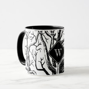 Caneca Monograma de Ramificações de Árvore Abstrato branc