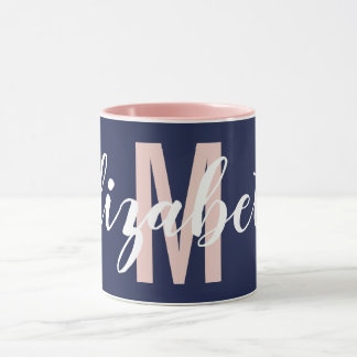 Caneca Monograma de Script de Mão Rosa Cor-de-Rosa Azul c