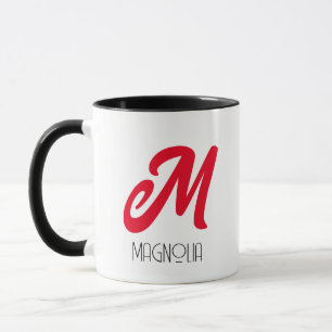 Caneca Monograma de Script Personalizado Vermelho Moderno