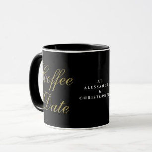 Caneca Monograma Diversão Preto Dourado Data de Café Nome