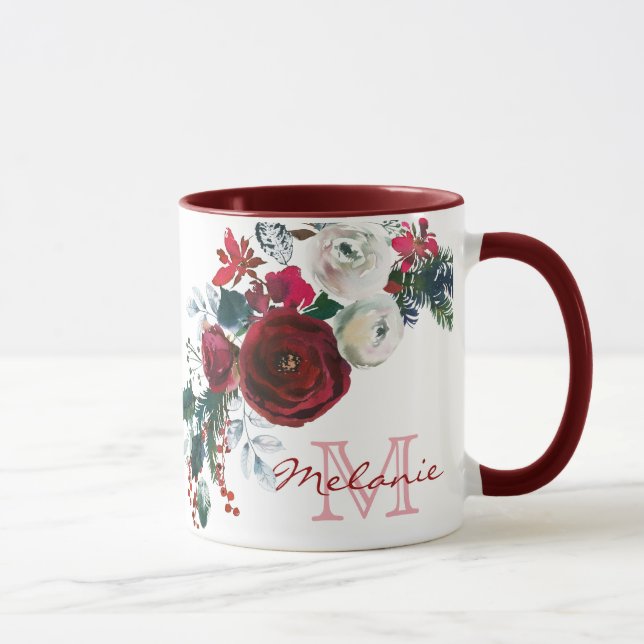 Caneca Monograma do Buquê Floral de Rosa de inverno (Direita)
