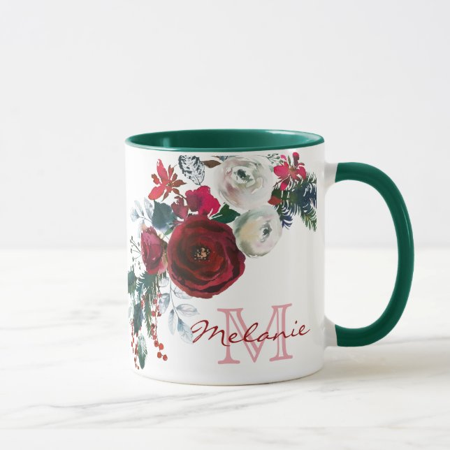 Caneca Monograma do Buquê Floral de Rosa de inverno (Direita)