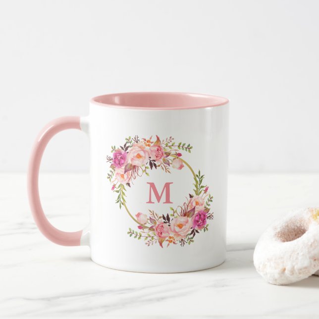 Caneca Monograma do Círculo Dourado Branco Cor Floral Cor (Com Donut)