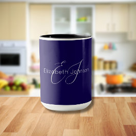 Caneca monograma do nome minimalista clássico azul e bran