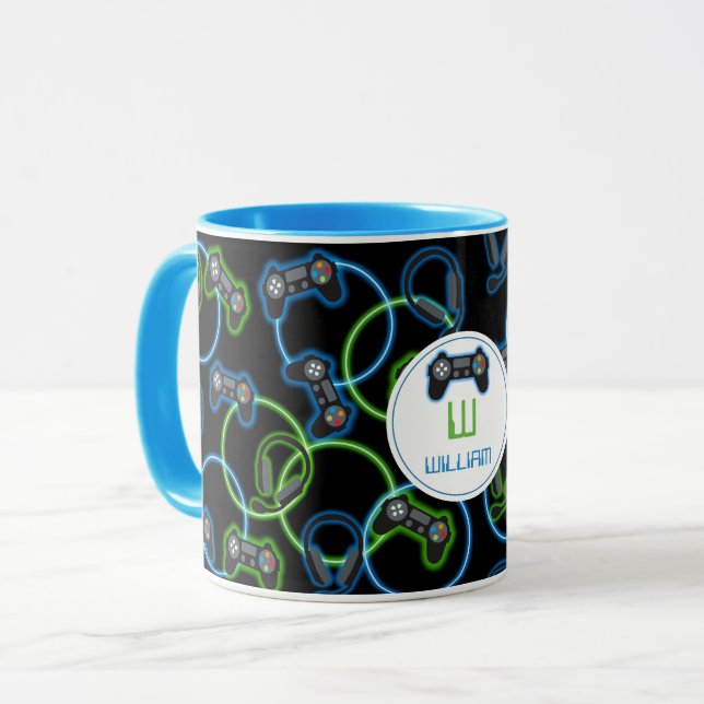 Caneca Monograma do padrão verde e azul Neon para jogos d (Frente Esquerda)