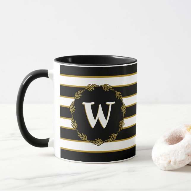 Caneca Monograma Dourado de  faixas de cor branca preta (Com Donut)