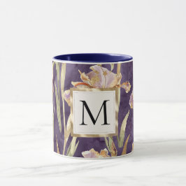 Caneca Monograma dourado floral íris roxa romântica