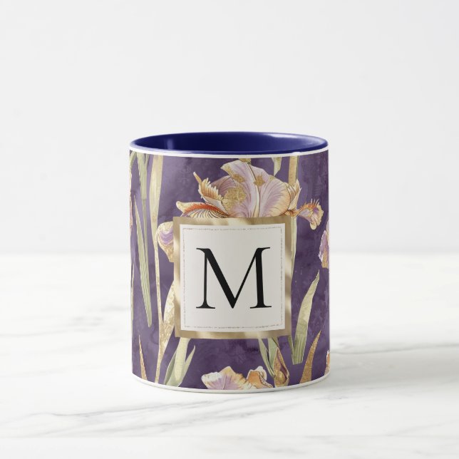 Caneca Monograma dourado floral íris roxa romântica (Centro)