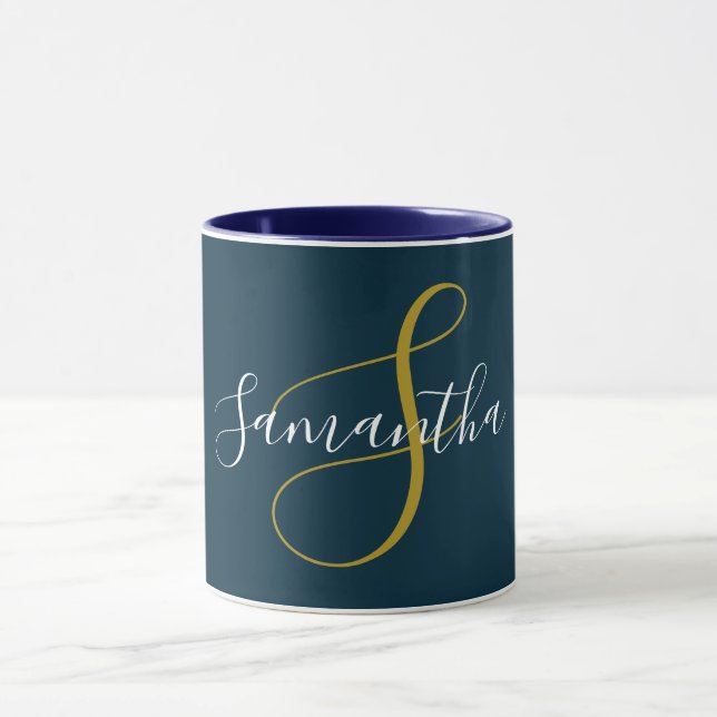 Caneca Monograma Dourado - Letra e Nome Branco Mug (Centro)