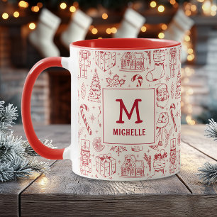 Caneca Monograma e Nome da Porta de Natal Vermelha