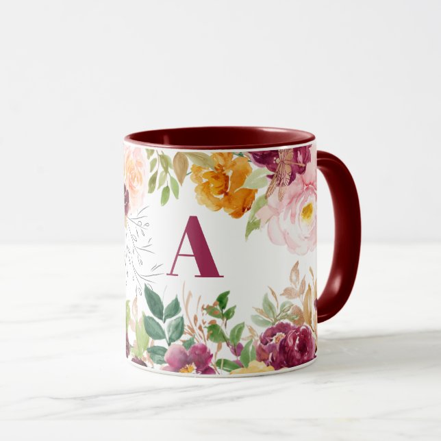 Caneca Monograma elegante de burgundy elegante com flor d (Frente Esquerda)