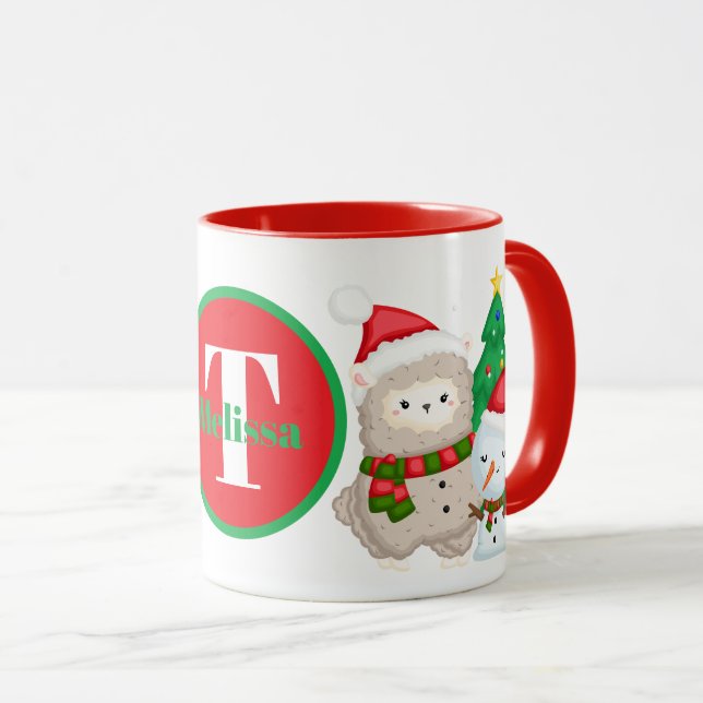 Caneca Monograma Festivo de Natal Lama Feriado (Frente Esquerda)