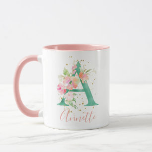 Caneca Monograma Floral A com Dourado Cor de Água, Cor de