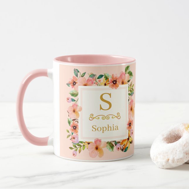 Caneca Monograma Floral Aquarela I Inicial Dourada Person (Com Donut)