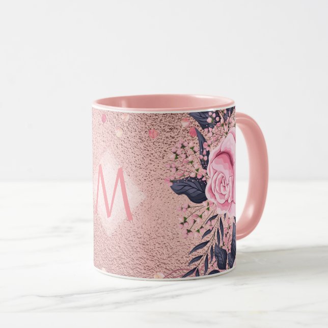 Caneca MONOGRAMA Floral Azul Cor-de-Rosa Negra Girliest E (Frente Esquerda)