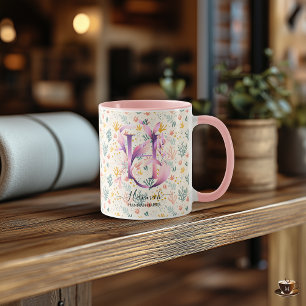 Caneca Monograma Floral Boho Chic Abstrato Personalizado 