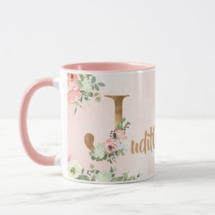 Caneca Monograma floral cor-de-rosa J aquarela com nome