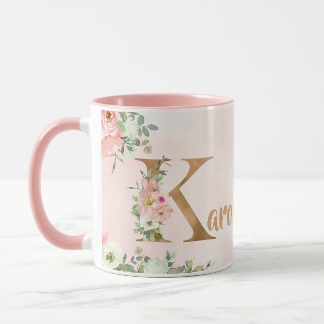 Caneca Monograma floral cor-de-rosa K aquarela com nome (Esquerda)