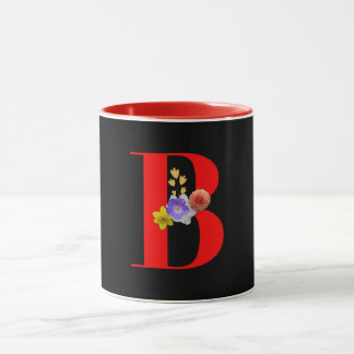 Caneca Monograma Floral Cursivo A Vermelho Dentro Preto