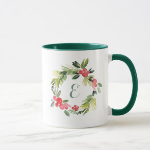 Caneca Monograma floral da grinalda   da aguarela do
