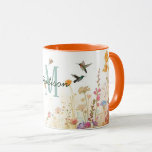 Caneca Monograma Floral de Aves de Aquarela de Primavera