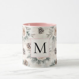 Caneca Monograma Floral de Pinhas de Natal Rosa Corado