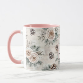 Caneca Monograma Floral de Pinhas de Natal Rosa Corado