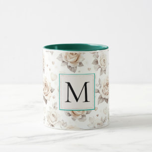 Caneca Monograma Floral de Rosa Creme Romântica