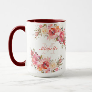 Caneca Monograma Floral de Rosa de Pêssego de Pastel Eleg