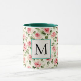 Caneca Monograma Floral de Rosas Rosa Bege Azul Romântico