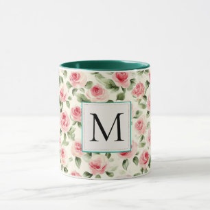 Caneca Monograma Floral de Rosas Rosa Bege Azul Romântico