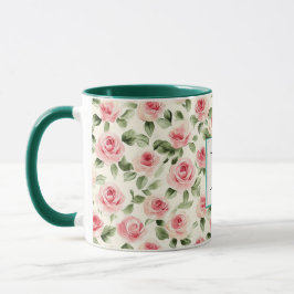 Caneca Monograma Floral de Rosas Rosa Bege Azul Romântico