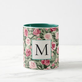 Caneca Monograma Floral de Rosas Rosa Verde Azul Romântic