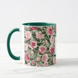 Caneca Monograma Floral de Rosas Rosa Verde Azul Romântic