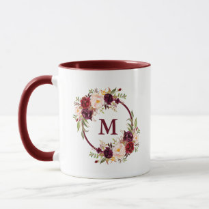 Caneca Monograma Floral Elegante de Aquarela Burgundia
